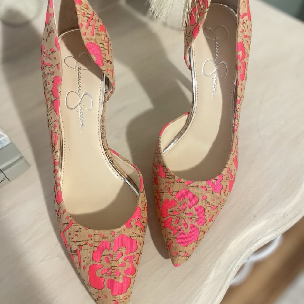 Jessica Simpson Pumps Heels Floral Cork Pink Fabric - Picture 5 of 7